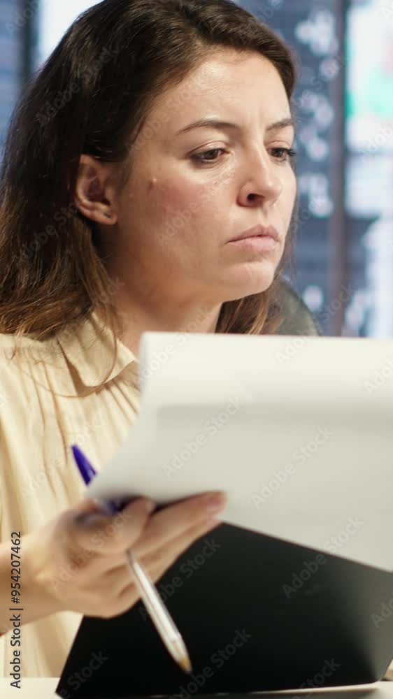 Vertical Video Corporate leader signing work contracts and agreements to approve leave requests and other documents for productivity. CEO businesswoman working on legal management, success story Vertical Video Corporate leader signing work contracts and agreements to approve leave requests and other documents for productivity. CEO businesswoman working on legal management, success story