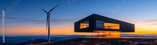 A modern home exterior with solar panels and a wind turbine, showcasing a commitment to sustainability