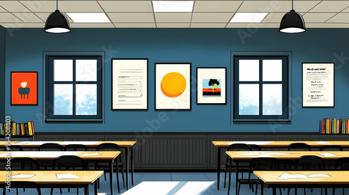 Empty classroom with desks, chairs and artwork on the wall. photo