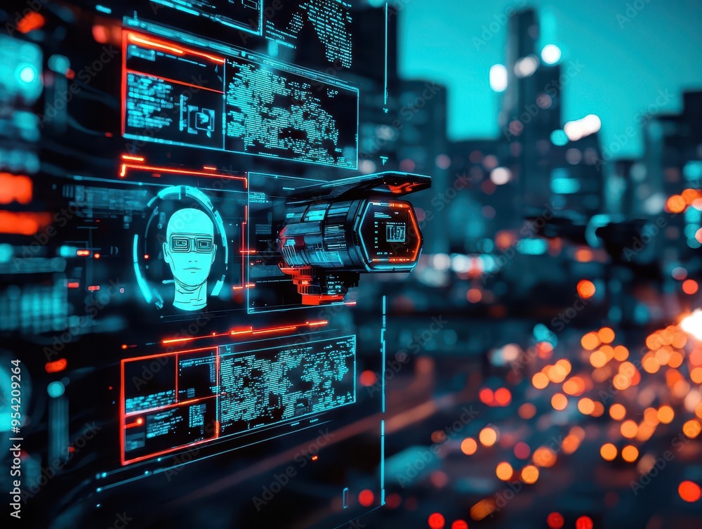 Surveillance system with multiple facial recognition overlays, monitoring a cityscape, Cyberpunk, Digital, Night scene Surveillance system with multiple facial recognition overlays, monitoring a cityscape, Cyberpunk, Digital, Night scene