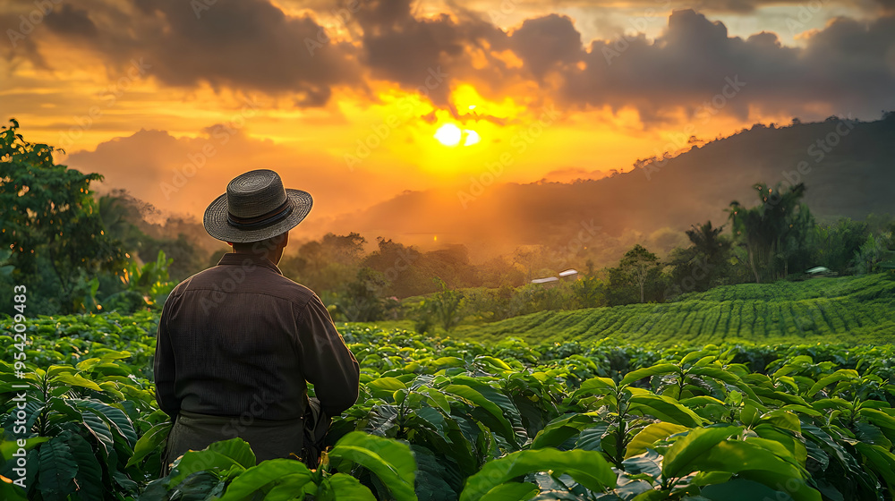 Fototapeta premium Farmer in a straw hat standing in a field of green coffee plants, looking at the sunset.