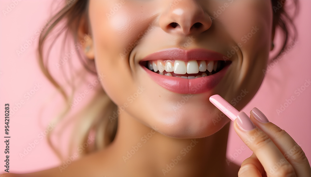 Smiling Woman Applying Lip Balm for a Natural Glossy Finish Smiling Woman Applying Lip Balm for a Natural Glossy Finish