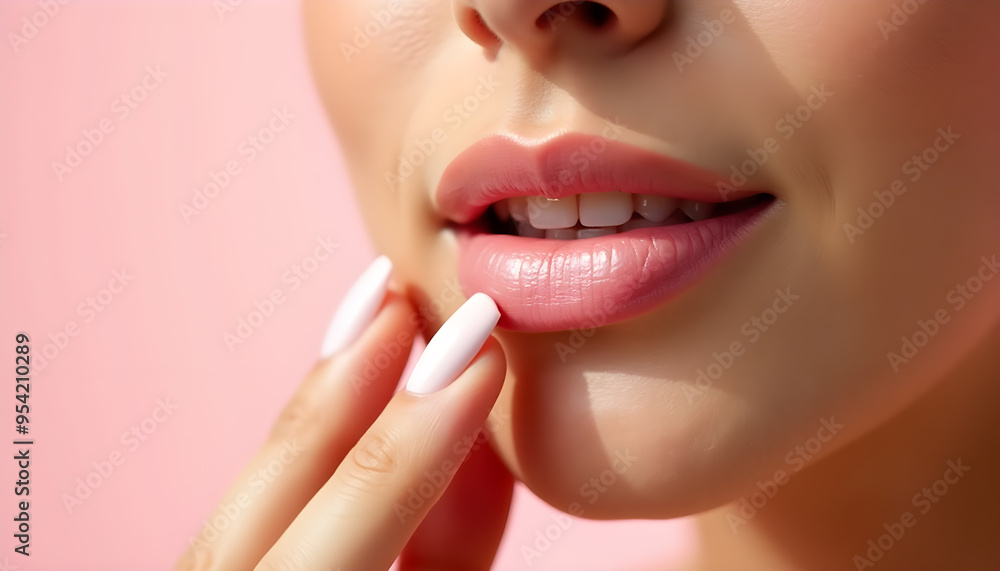 Fototapeta premium Woman Highlighting Her Lips with a Glossy Pink Lipstick