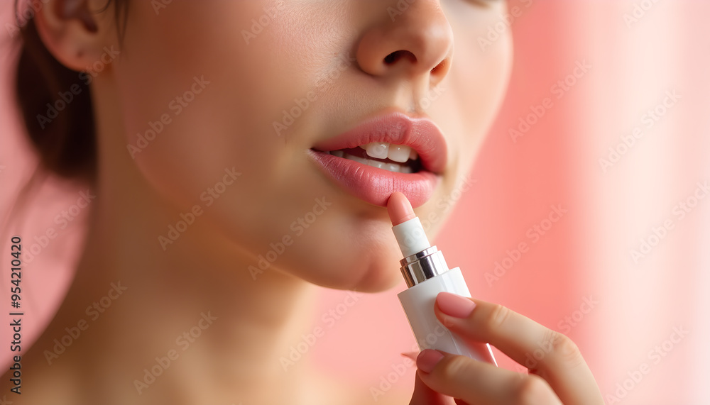 Woman Applying Light Pink Lipstick in Soft Lighting Woman Applying Light Pink Lipstick in Soft Lighting
