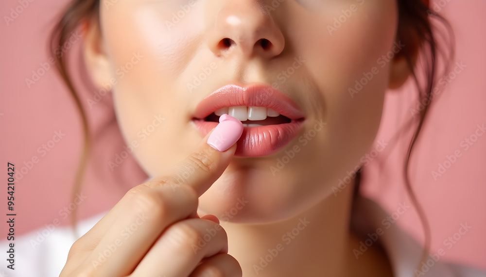 Woman Gently Applying Lip Balm with Pink Nail Polish Woman Gently Applying Lip Balm with Pink Nail Polish