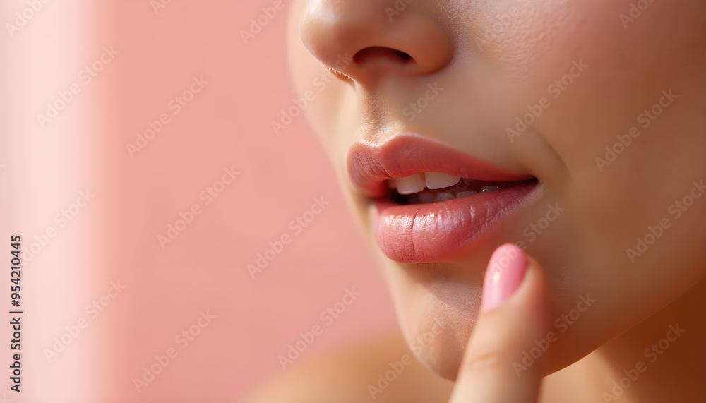 Obraz premium Woman Applying Light Pink Lipstick with a Smile