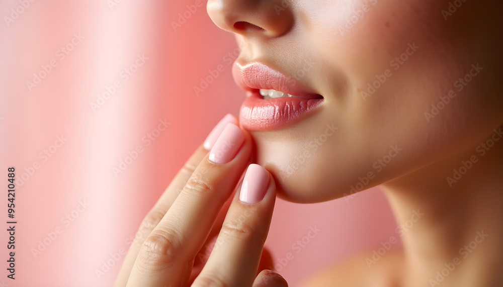 Fototapeta premium Woman Applying Soft Pink Cream to Cheek in Skincare Routine