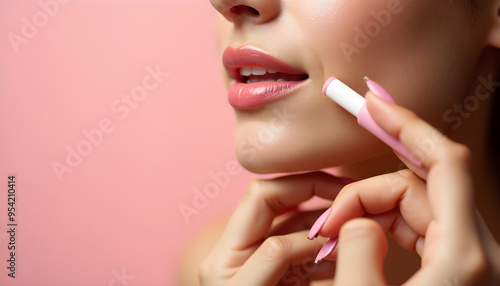 Woman Applying Pink Lipstick with Natural Makeup Look