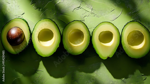 Five halved avocadoes on a ...
