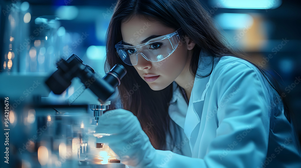 Focused scientist examining a slide under a microscope in a lab. Focused scientist examining a slide under a microscope in a lab.