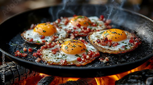 Four fried eggs with bacon ...