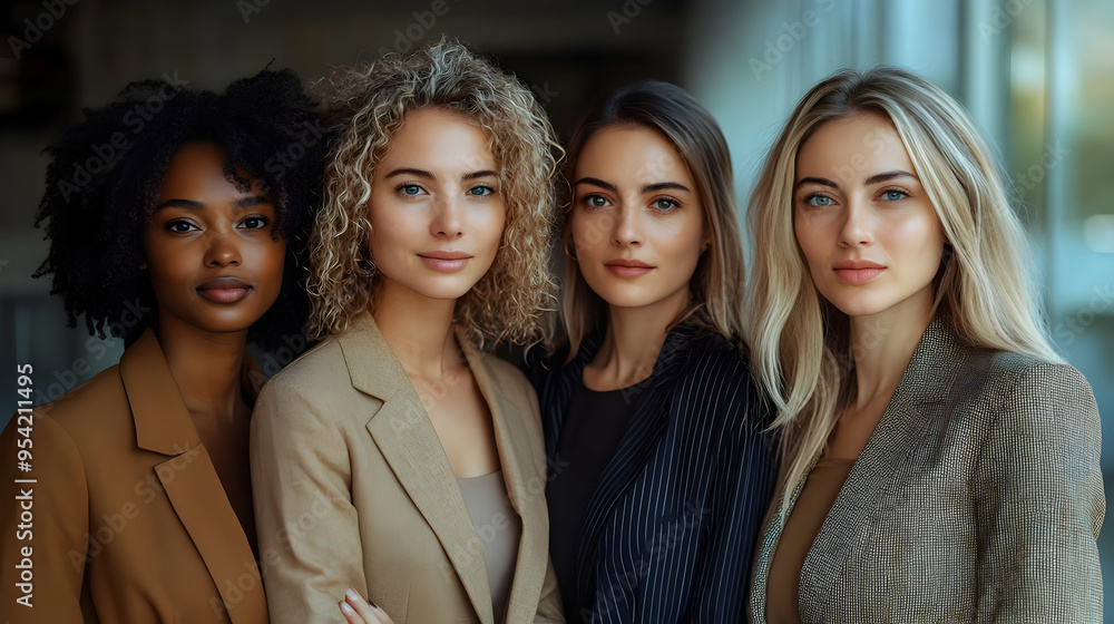 Four women in stylish blazers looking at the camera. Four women in stylish blazers looking at the camera.