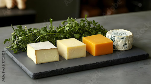 Four types of cheese on a b...