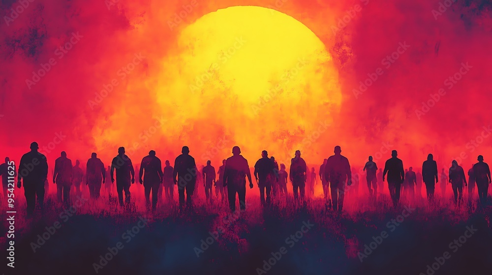 Silhouettes of People Walking Towards a Bright Sun in a Red Sky. Silhouettes of People Walking Towards a Bright Sun in a Red Sky.