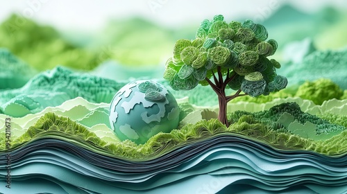 paper art ecoconcept 3d layered paper cutout of earth water droplet and tree soft pastel colors delicate shadows environmental protection theme clean lines intricate details photo