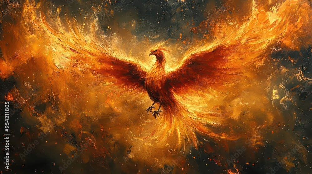 phoenix rising from ashes wings spread wide amidst swirling flames and ...