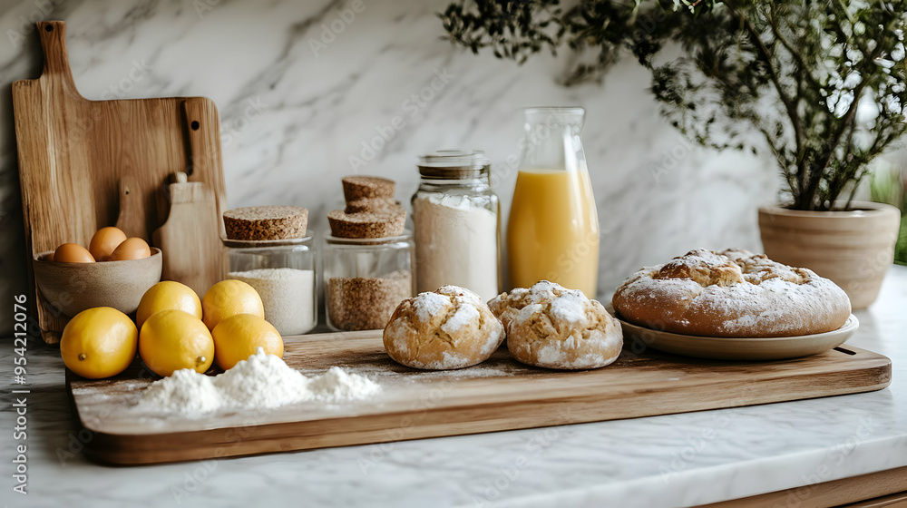 Freshly baked bread rolls and lemon on a wooden board in a kitchen. Freshly baked bread rolls and lemon on a wooden board in a kitchen.
