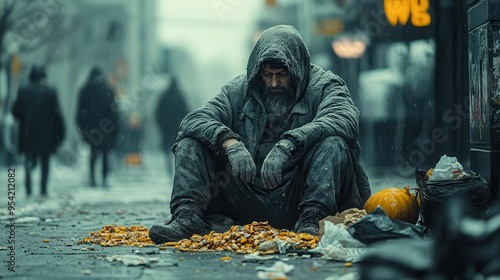 poignant street scene depicting urban poverty homeless person in tattered clothes sitting on a sidewalk surrounded by discarded food and passersby averting their gaze photo