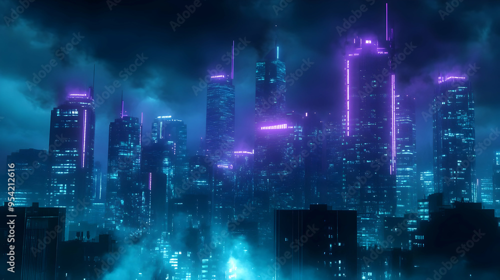 Futuristic cityscape with skyscrapers glowing with neon lights. Futuristic cityscape with skyscrapers glowing with neon lights.