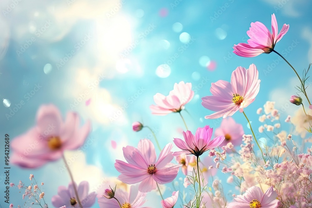 Spring flowers fly on a blue sky background. Beautiful pastel pink flower arrangement. Summer wallpaper , ai Spring flowers fly on a blue sky background. Beautiful pastel pink flower arrangement. Summer wallpaper , ai