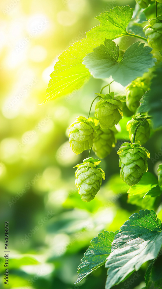 Plantation of green ripe hop cones in sunlight. Brewery and Oktoberfest concept. Herbal natural medicine. Bunch of hops on blurred background for design banner, poster, card with copy space