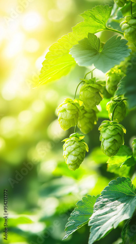 Obraz na płótnie Plantation of green ripe hop cones in sunlight. Brewery and Oktoberfest concept. Herbal natural medicine. Bunch of hops on blurred background for design banner, poster, card with copy space w salonie