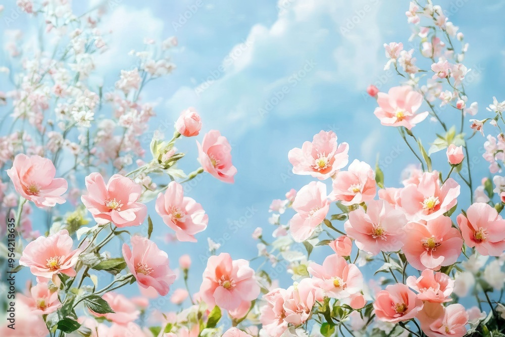 Spring flowers fly on a blue sky background. Beautiful pastel pink flower arrangement. Summer wallpaper , ai Spring flowers fly on a blue sky background. Beautiful pastel pink flower arrangement. Summer wallpaper , ai