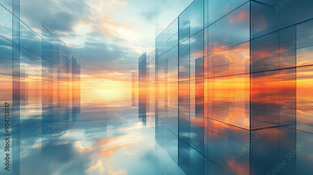 Glass building reflecting a colorful sunset over the ocean. Glass building reflecting a colorful sunset over the ocean.