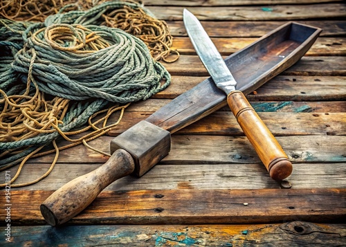 Rustic wooden boat oar lying on a worn, weathered dock beside a sharp, silver fishing knife, surrounded by photo