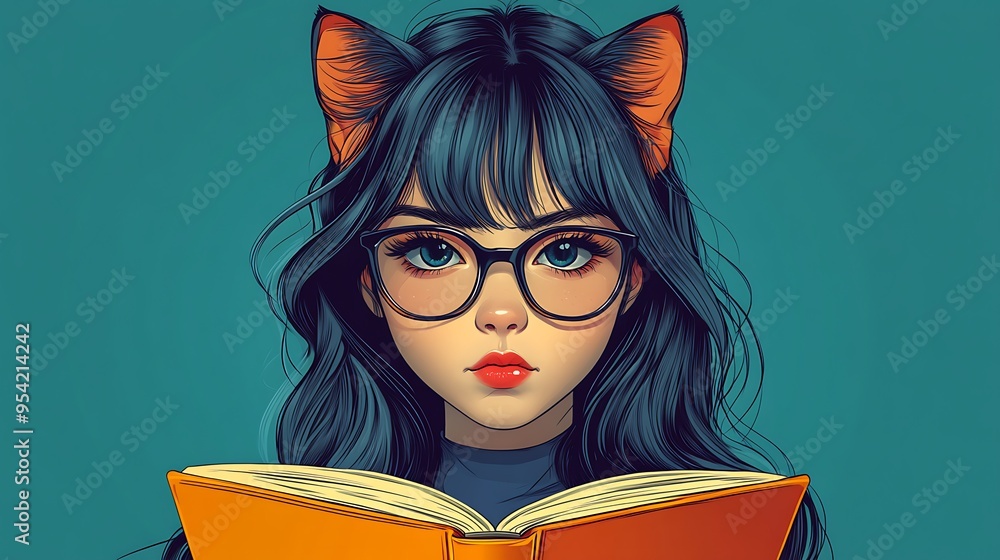 Young woman with cat ears reading a book. Young woman with cat ears reading a book.