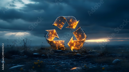 Glowing recycle symbol in a field at dusk. photo