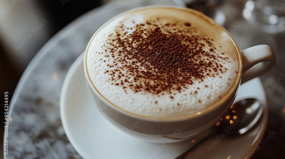 Design a close-up of a cappuccino with a beautifully frothy top and a sprinkle of cocoa powder. Design a close-up of a cappuccino with a beautifully frothy top and a sprinkle of cocoa powder.