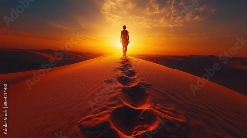 silhouette of man walking on sand dunes at sunset shimmering divine light ahead footprints trailing behind minimalist desert landscape photo