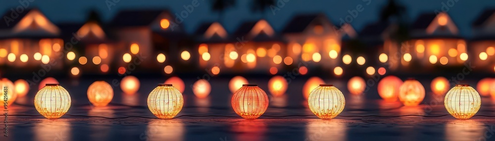 Obraz premium Heritage village illuminated with Diwali lights, festive atmosphere, illustration