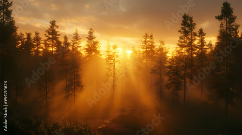 Golden rays of sunlight pierce through a misty forest at sunrise.