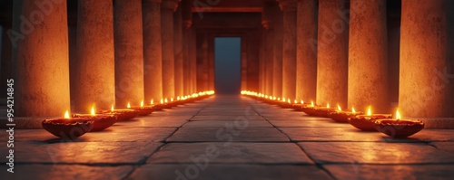 Ancient palace, Diwali diyas lining the pathways, illustration photo