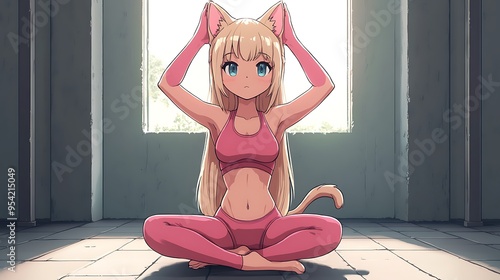 Anime Girl in Pink Sportswear with Cat Ears Posing in a Room. photo