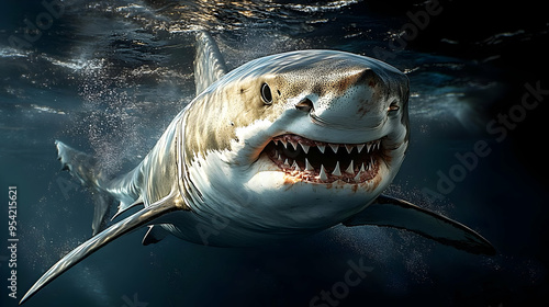 Great white shark with open mouth and sharp teeth swimming underwater.