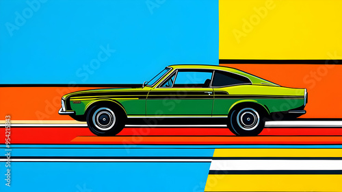 Green classic car in colorf...