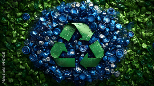 Green recycle symbol on blu...