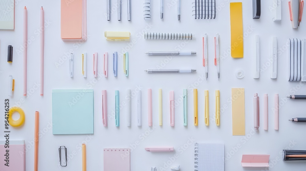 white background with a neatly arranged collection of office stationery such as pens, notebooks, and sticky notes. white background with a neatly arranged collection of office stationery such as pens, notebooks, and sticky notes.