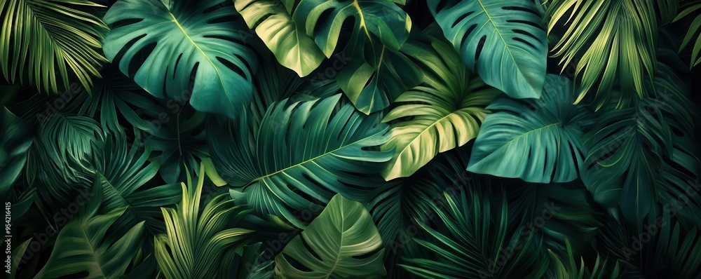 Jungle leaves with deep textures, flat design, front view, lush vegetation theme, 3D render, Triadic Color Scheme Jungle leaves with deep textures, flat design, front view, lush vegetation theme, 3D render, Triadic Color Scheme