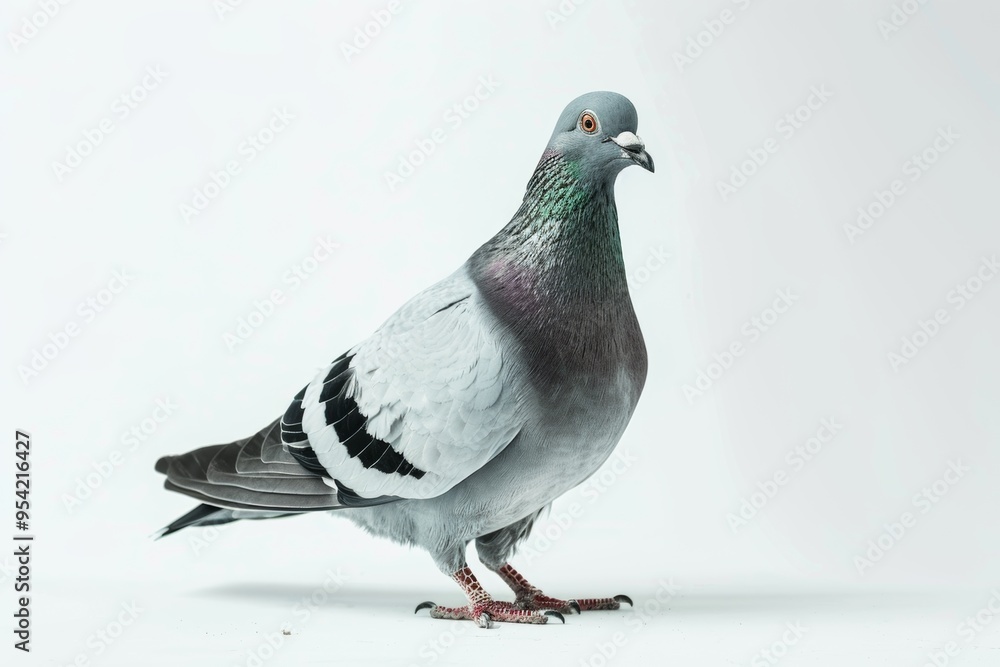 Portrait of a pigeon with grey feathers on a white background, standing in profile. Portrait of a pigeon with grey feathers on a white background, standing in profile.