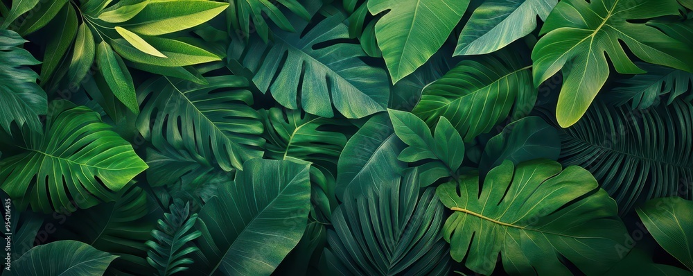 Jungle leaves with depth effect, flat design, top view, rainforest theme, 3D render, Triadic Color Scheme Jungle leaves with depth effect, flat design, top view, rainforest theme, 3D render, Triadic Color Scheme
