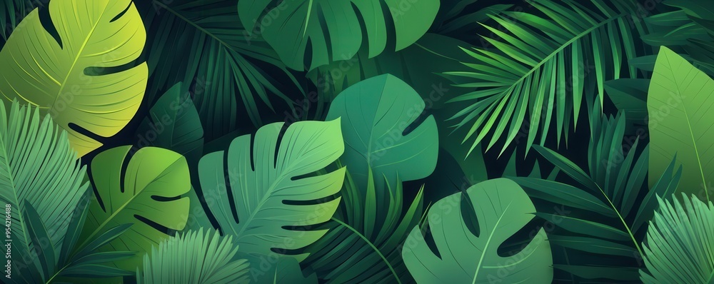 Jungle leaves with shadow depth, flat design, front view, wild jungle theme, cartoon drawing, Split-complementary color scheme Jungle leaves with shadow depth, flat design, front view, wild jungle theme, cartoon drawing, Split-complementary color scheme