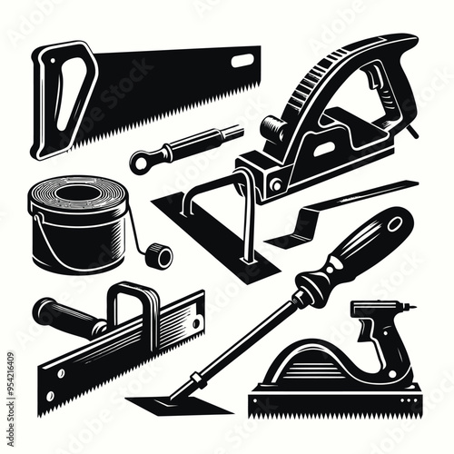 silhouette set featuring tools used for plastering and drywall work, including a drywall saw, plaster hawk, and a taping knife.