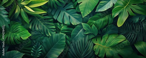Wallpaper Mural Jungle leaves with depth effect, flat design, top view, rainforest theme, 3D render, Triadic Color Scheme Torontodigital.ca
