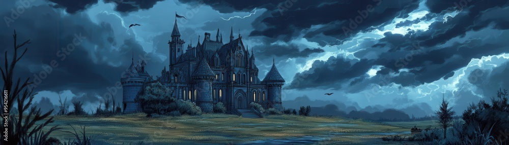 Abandoned castle under a dark, stormy sky, flat design, front view, ghostly theme, cartoon drawing, colored pastel Abandoned castle under a dark, stormy sky, flat design, front view, ghostly theme, cartoon drawing, colored pastel