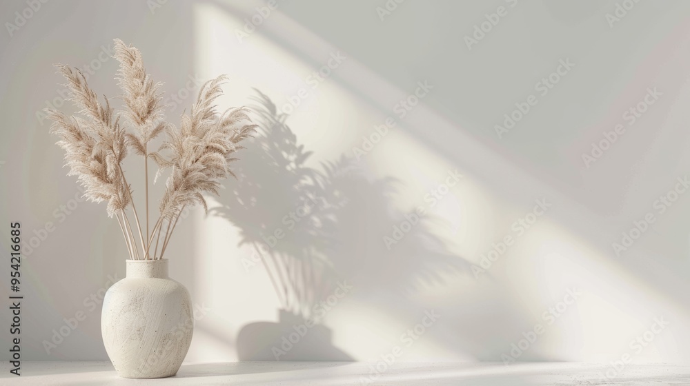 Naklejka premium Vase with pampas grass against a light wall.