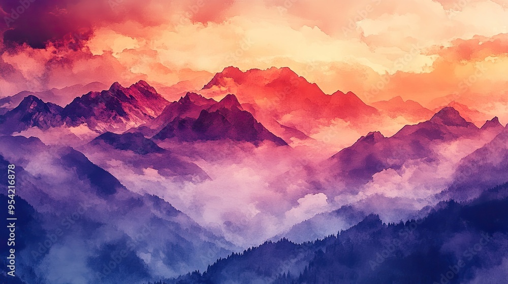 Fototapeta premium Vibrant Watercolor Sunset with Soft Blended